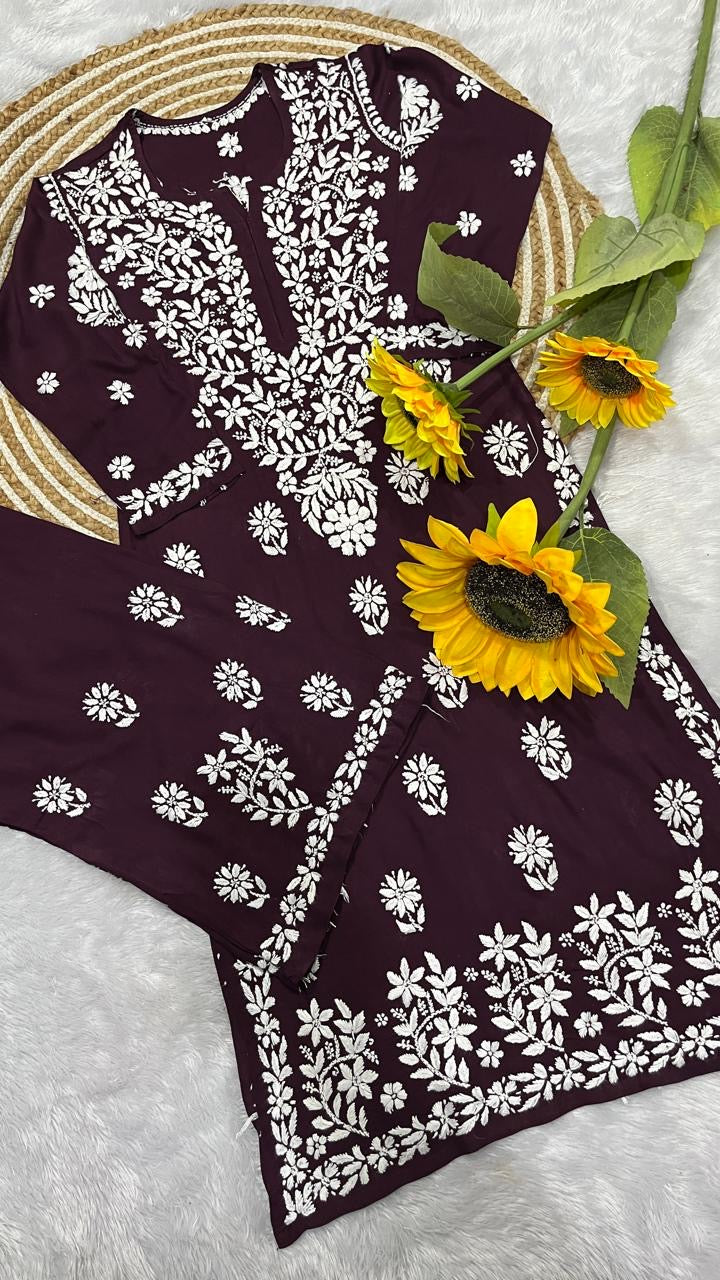 Reyon heavy work chikankari white embroidered set