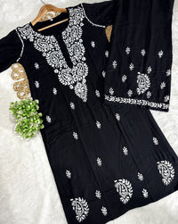 Rayon white embroidered Kurta and plazzo