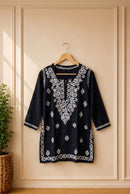 Rayon Short Black with White Thread work Top
