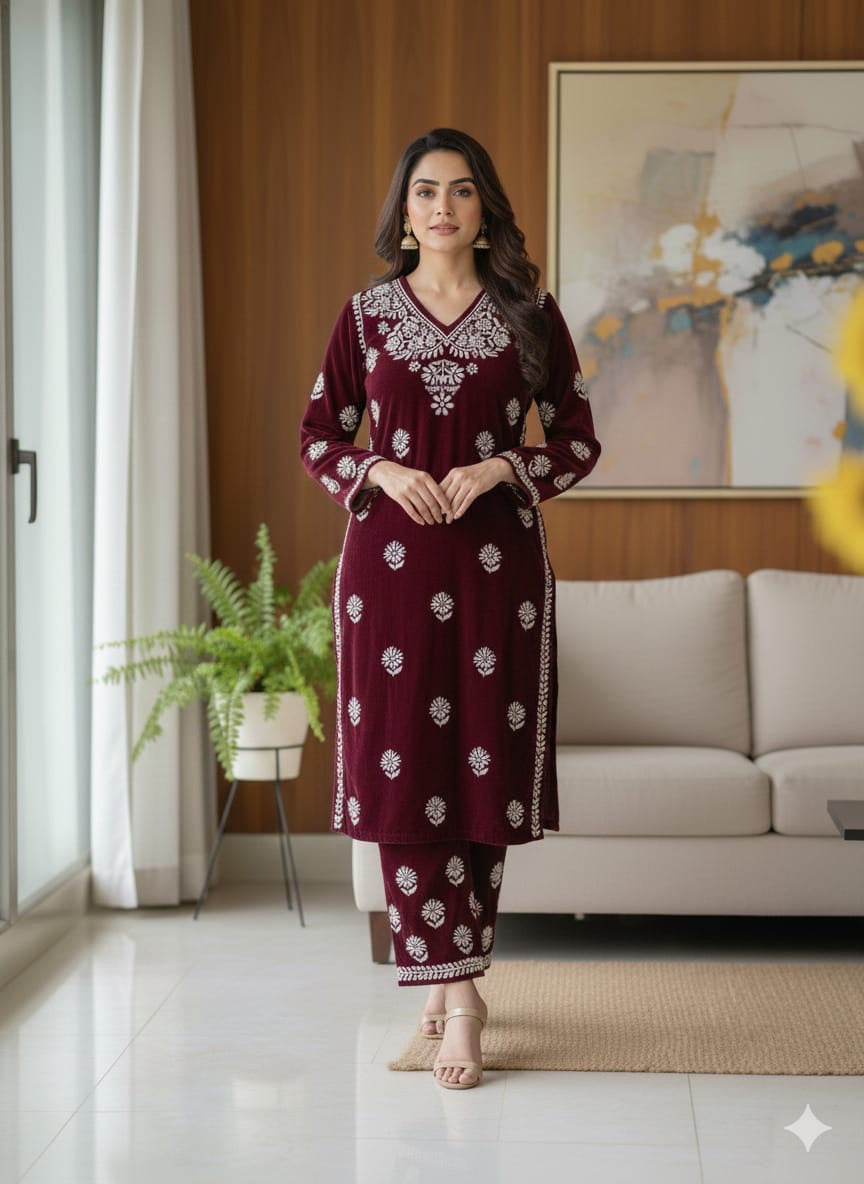 Pure Velvet Winter Chikankari co-ord