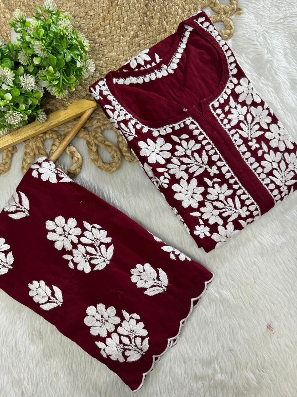 Side Border Cut work Rayon 2pc Set plus size