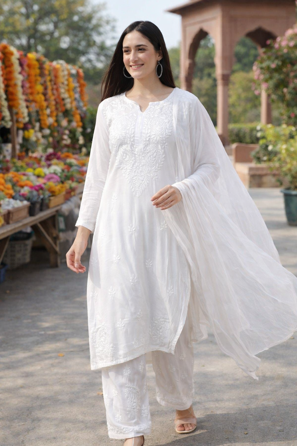 Pure White handwork 3pc Chikankari Set kurti Plazzo dupatta