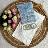 Ghasspatti thread work muslin short Top