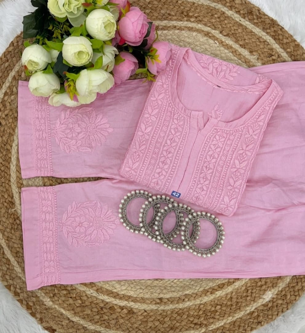 3d Chikankari pure chanderi Set