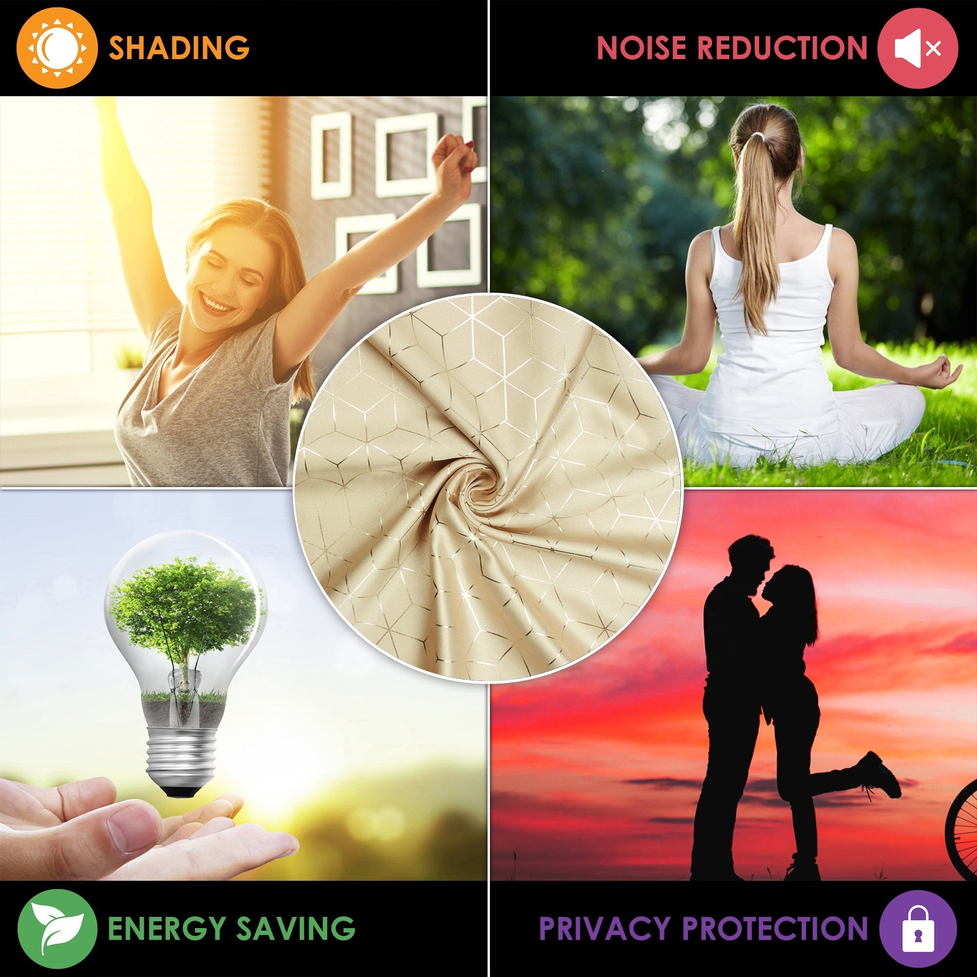 2 Pcs Blackout Foil Beige & Golden Hexagon Window/Door/Long Door Curtains