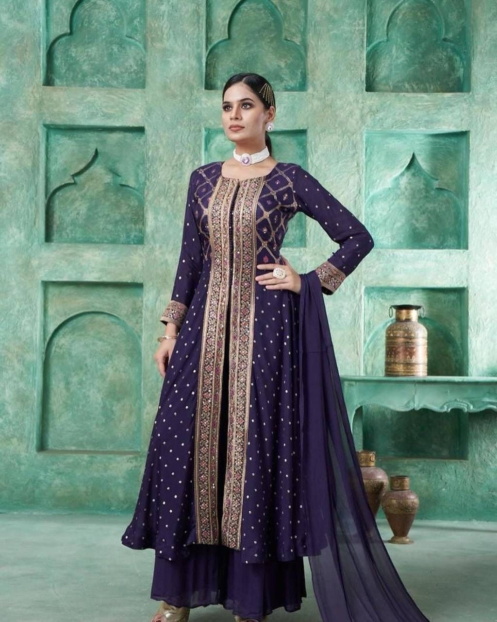 5mm Sequence Work Open Gown plazzo Dupatta - Chikankari official