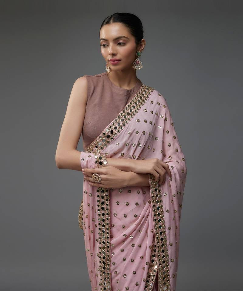 Sequins Baby Peach heavy Faux Georgette saree