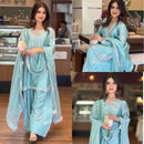 Pure Glass Sarin with Farshi Salwar & Dupatta Sky Blue Set - Chikankari official