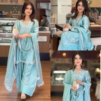 Pure Glass Sarin with Farshi Salwar & Dupatta Sky Blue Set - Chikankari official