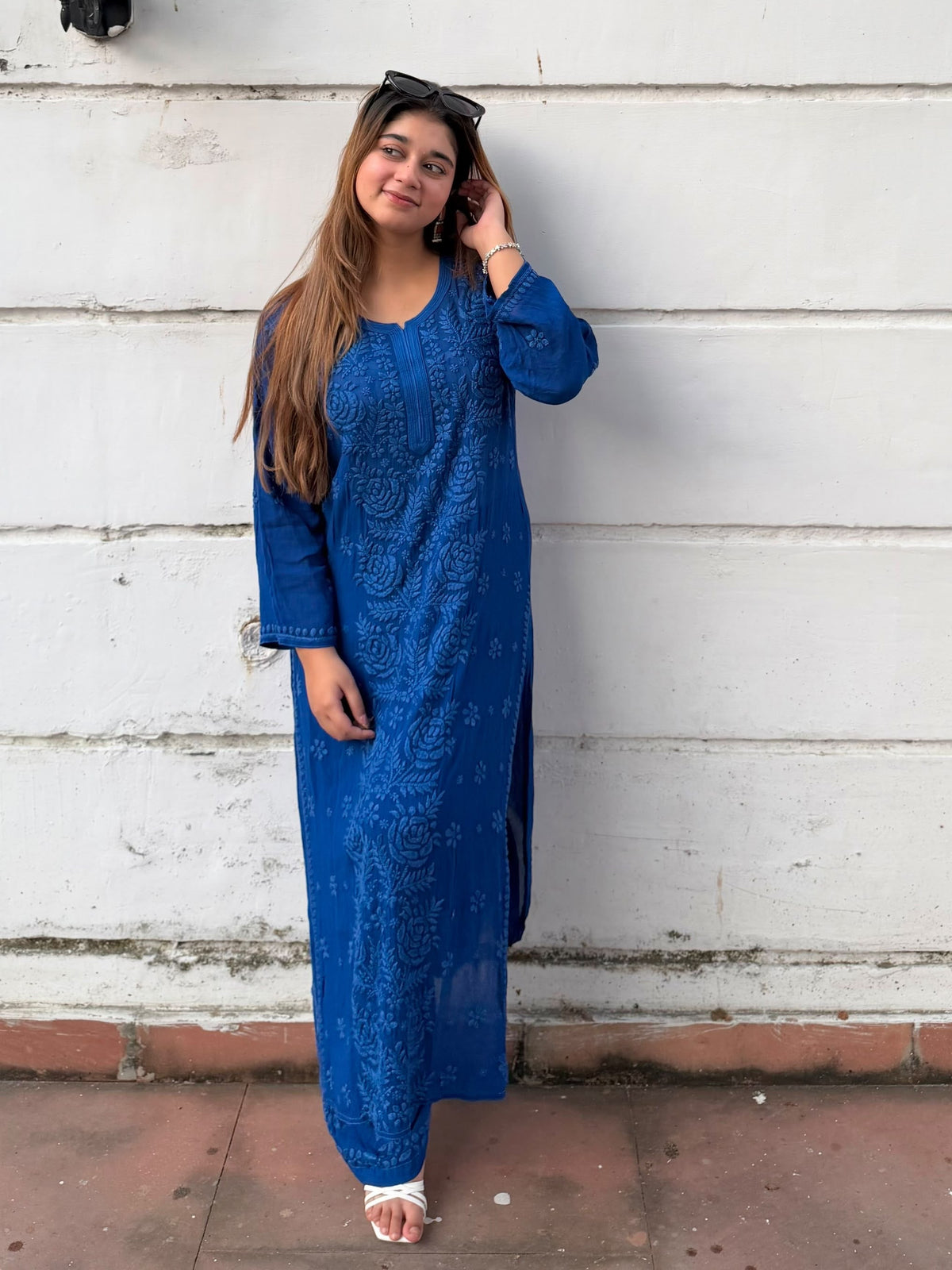 Rose Panel Viscose Chikankari Kurta with Palazzo