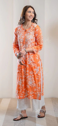 Zainab Chikankari Mulmul Printed Straight Kurta -Orange