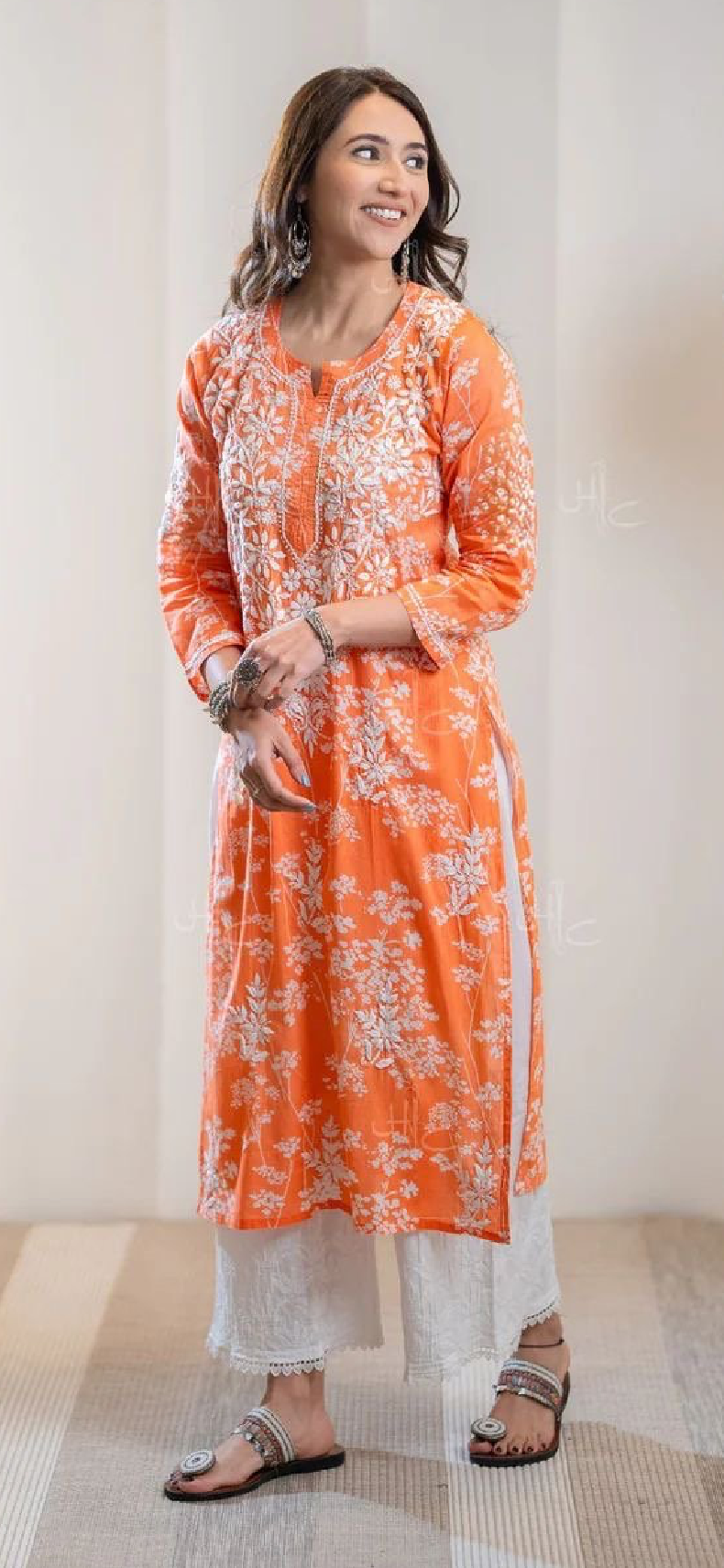 Zainab Chikankari Mulmul Printed Straight Kurta -Orange