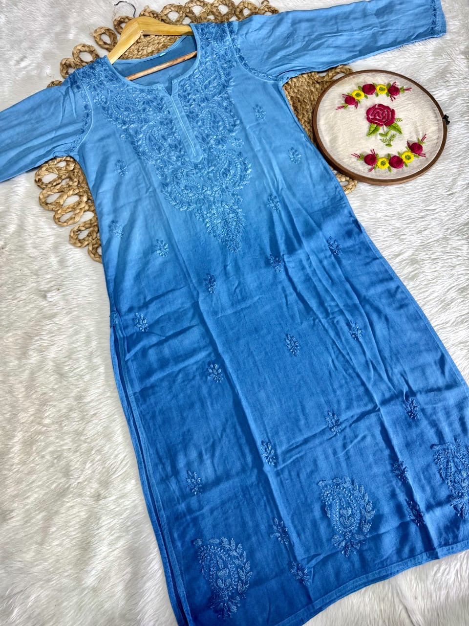 Ombre Rayon Kurta with Aari Work Dupatta & Handwork Pant