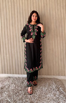 Black Multi thread Rose Kurta & Plazzo