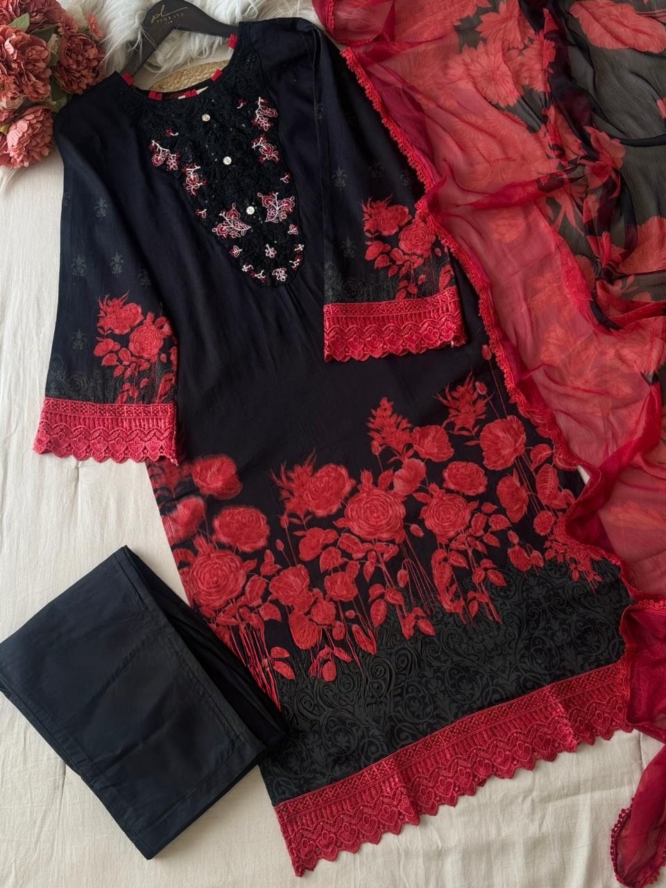 Pure Cotton black & Red print Set