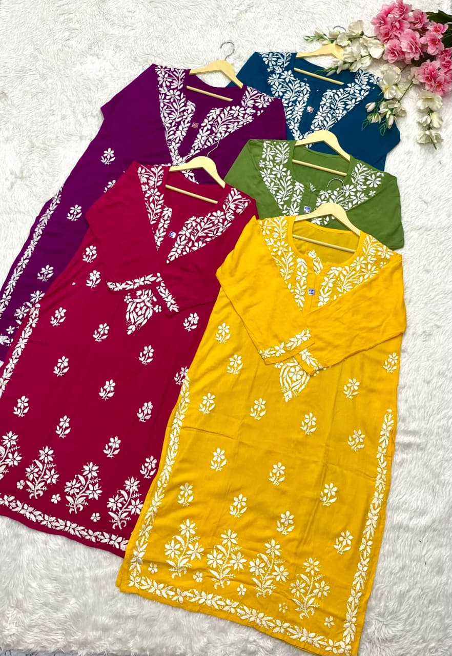 Rayon self white Embroidered