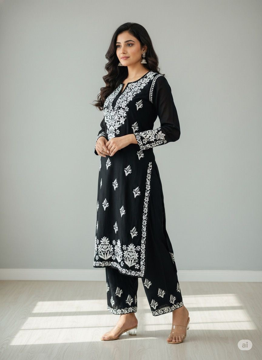 Soft Modal Black Base chikankari Set