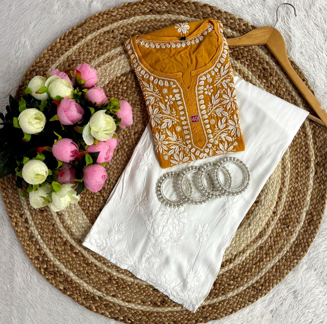 Ghasspatti thread work muslin short Top