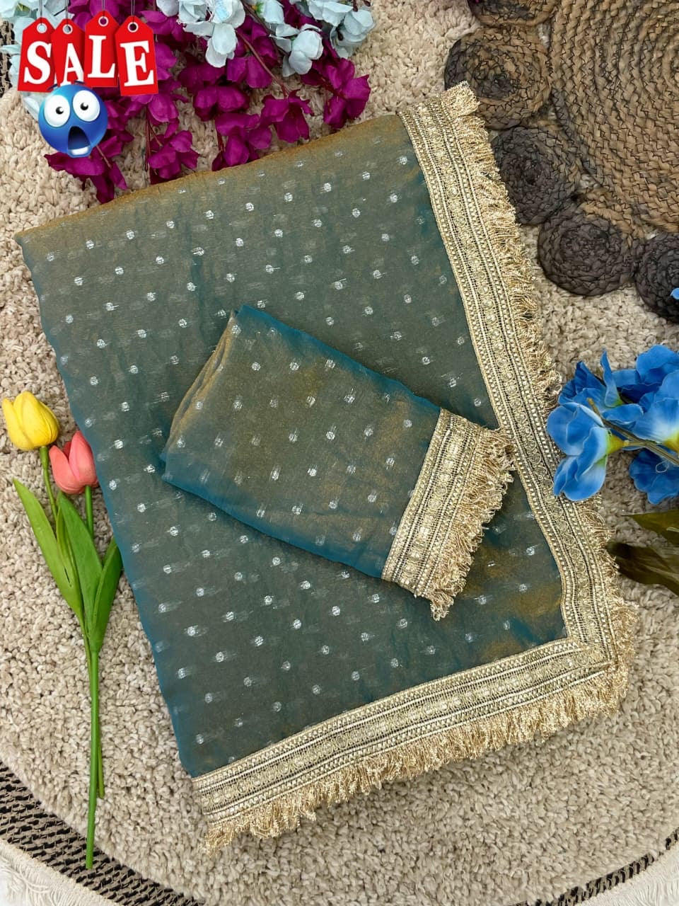 Ultra Soft Moss Fendy Chiffon Saree With Silver Jhari Weaving Buti