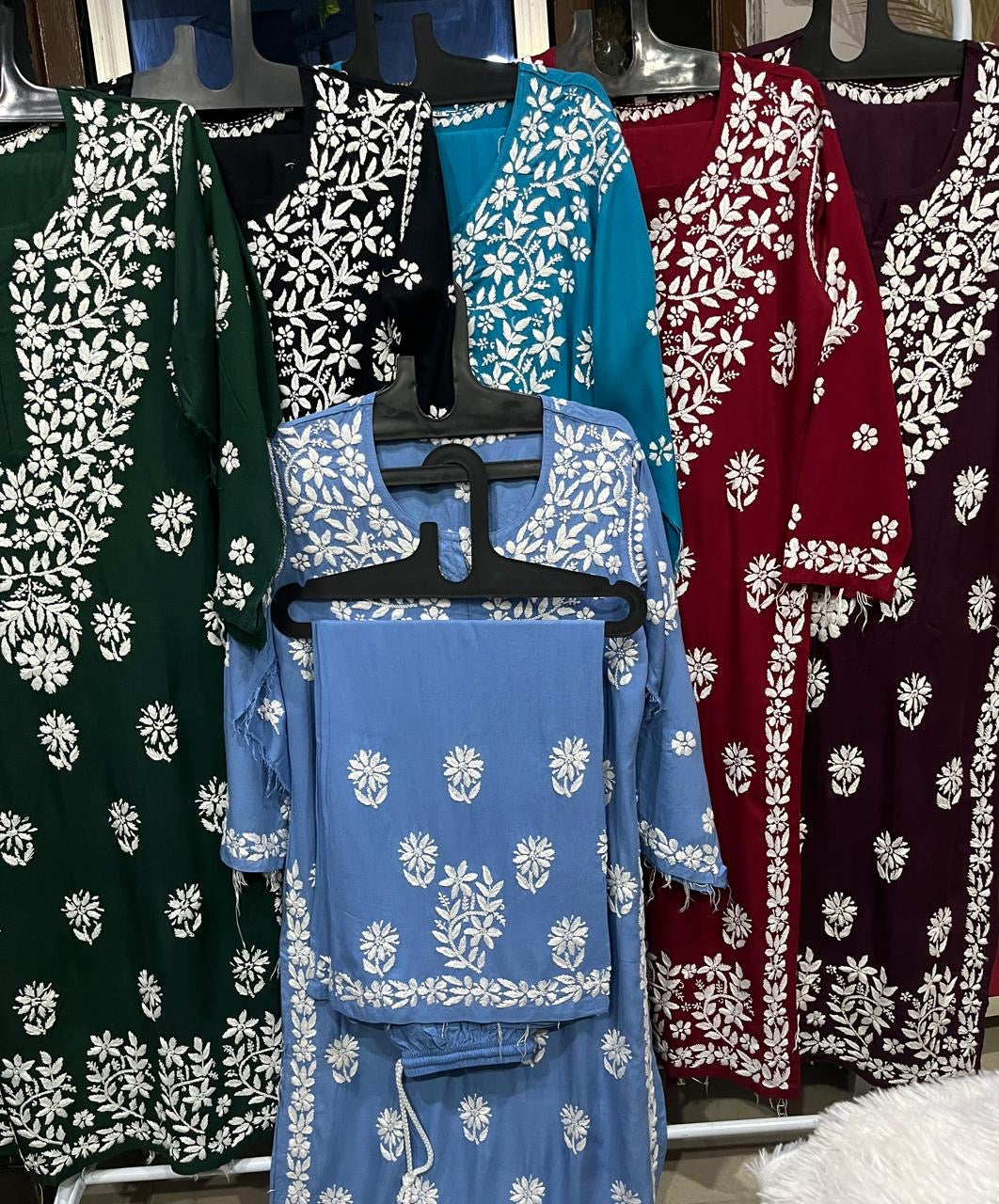 Reyon heavy work chikankari white embroidered set