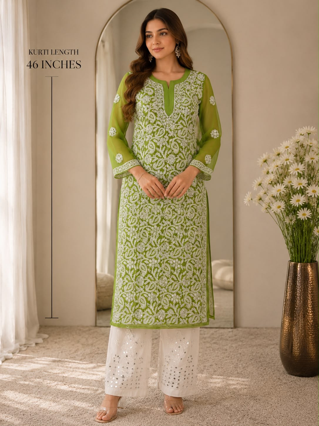 Lucknowi Georgette mirror front jaal kurta with mirror cotton pant