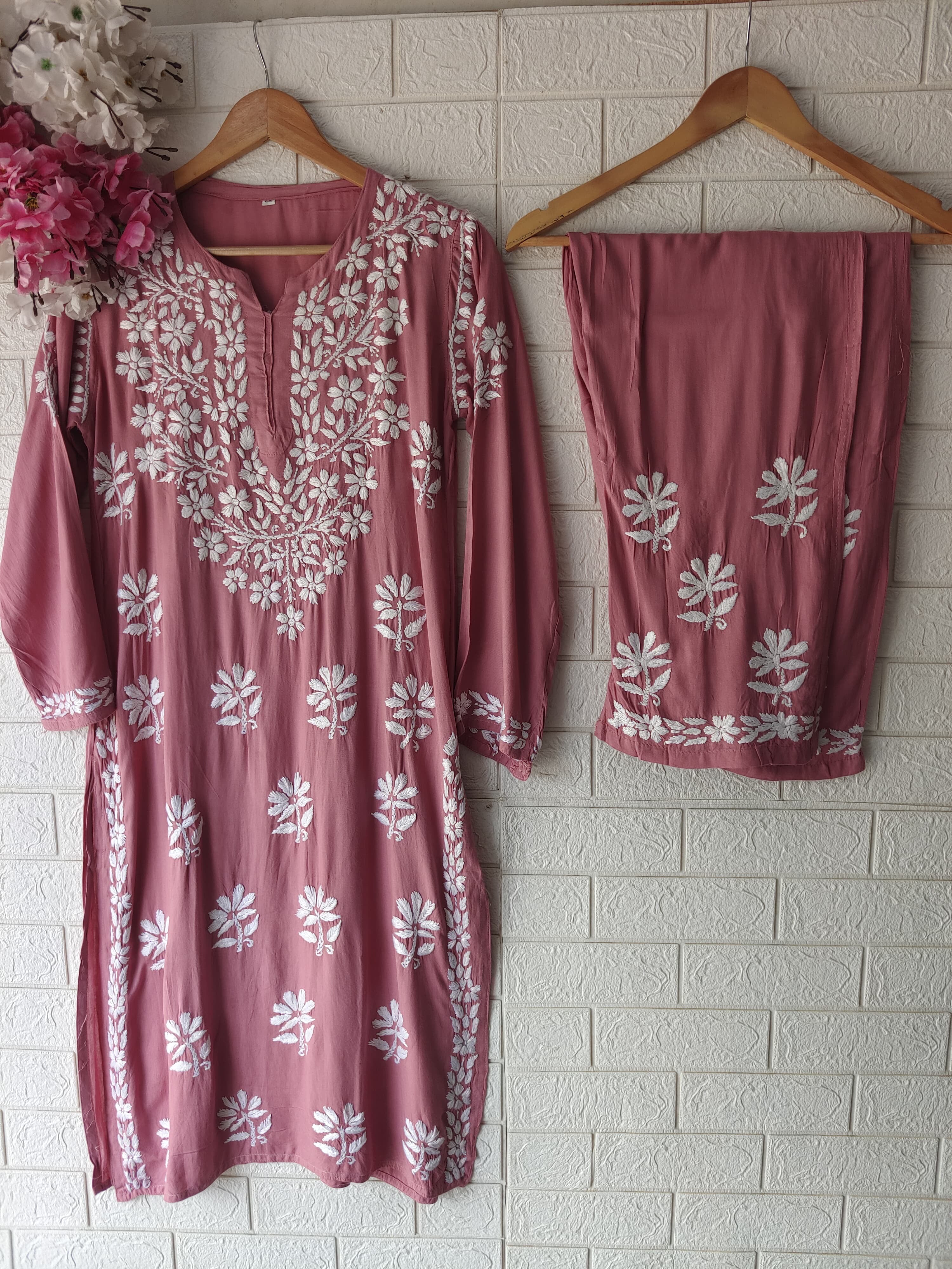 Rayon Highquality Finest White embroidered KurtaSet