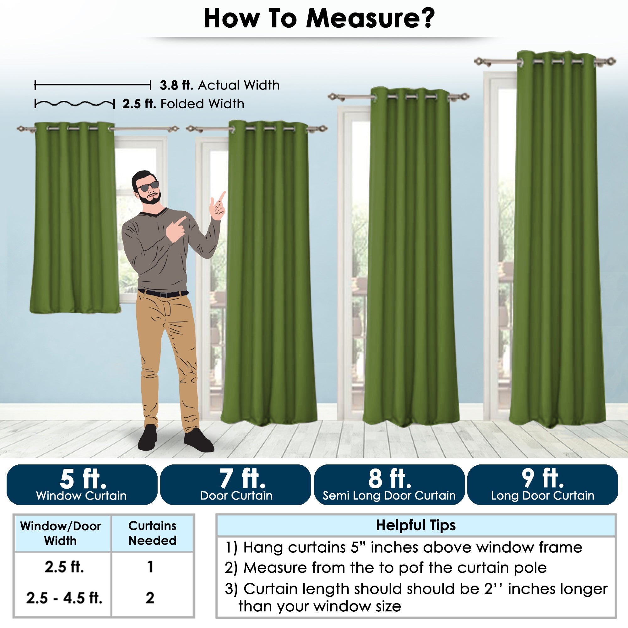 2 Pcs Green Blackout Faux Silk Room Darkening Window/Door/Semi Long Door/Long Door Curtains