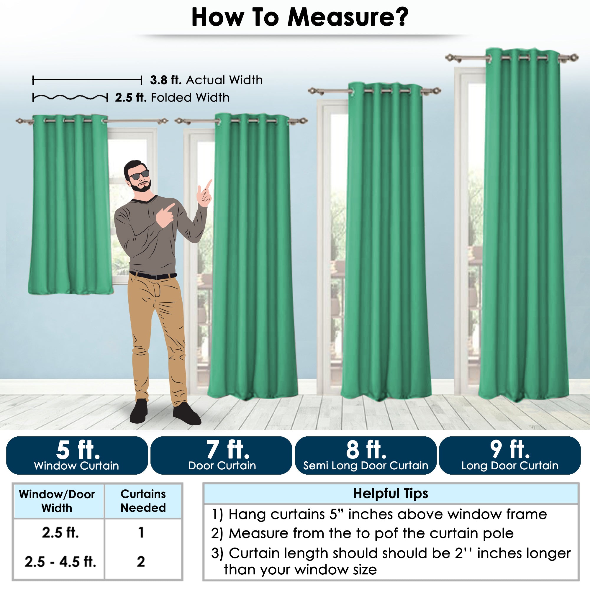 2 Pcs Green Blackout Faux Silk Room Darkening Window/Door/Semi Long Door/Long Door Curtains