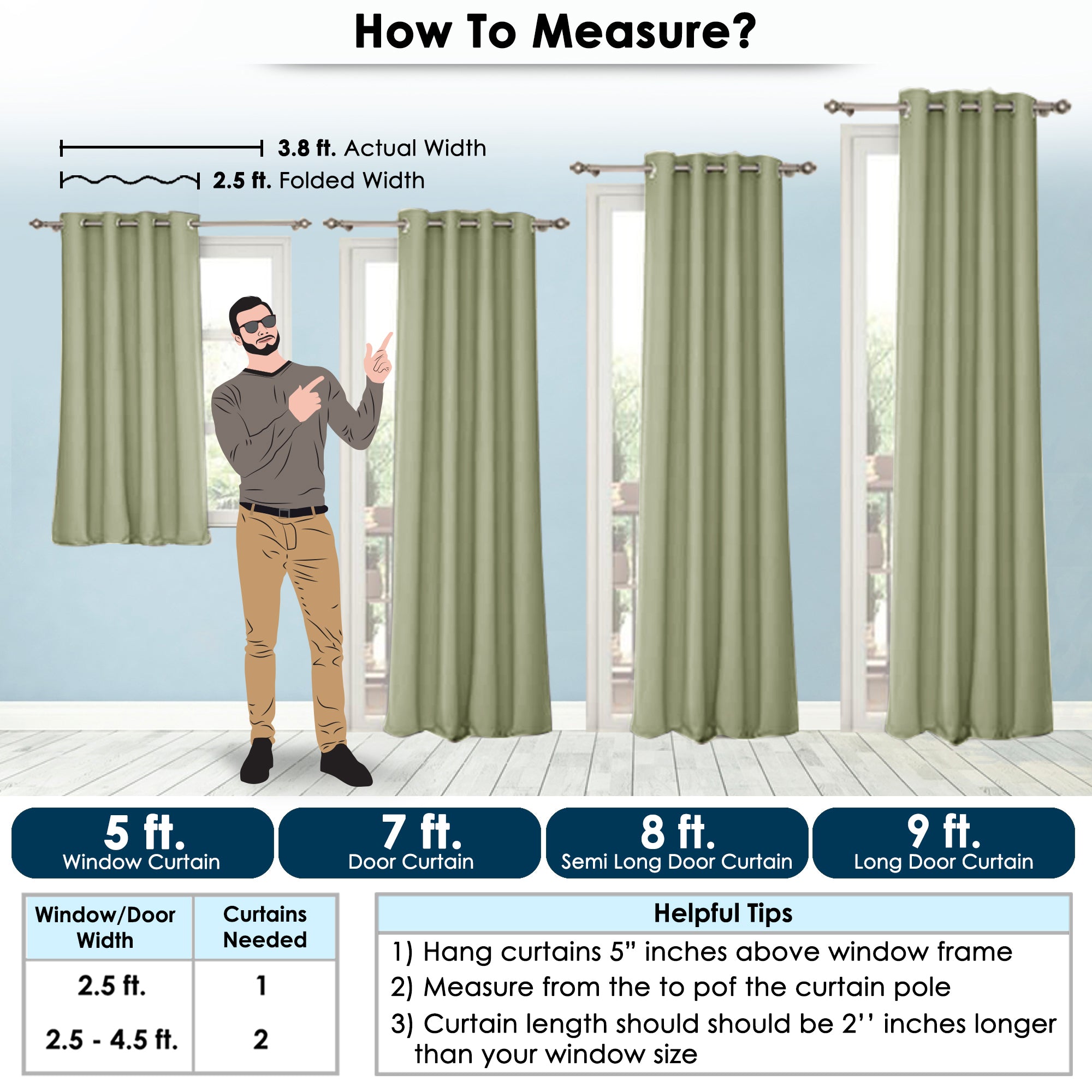 2 Pcs Green Blackout Faux Silk Room Darkening Window/Door/Semi Long Door/Long Door Curtains