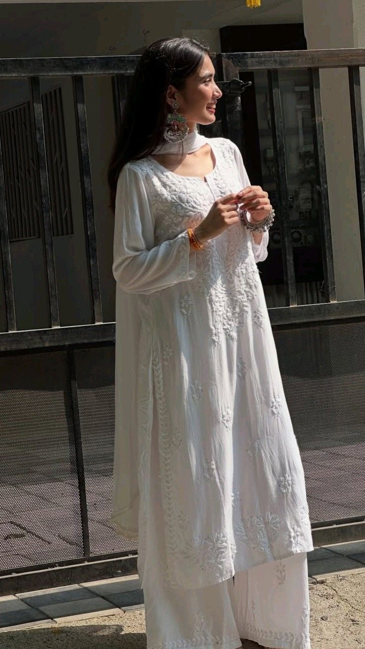 Pure White handwork 3pc Chikankari Set kurti Plazzo dupatta
