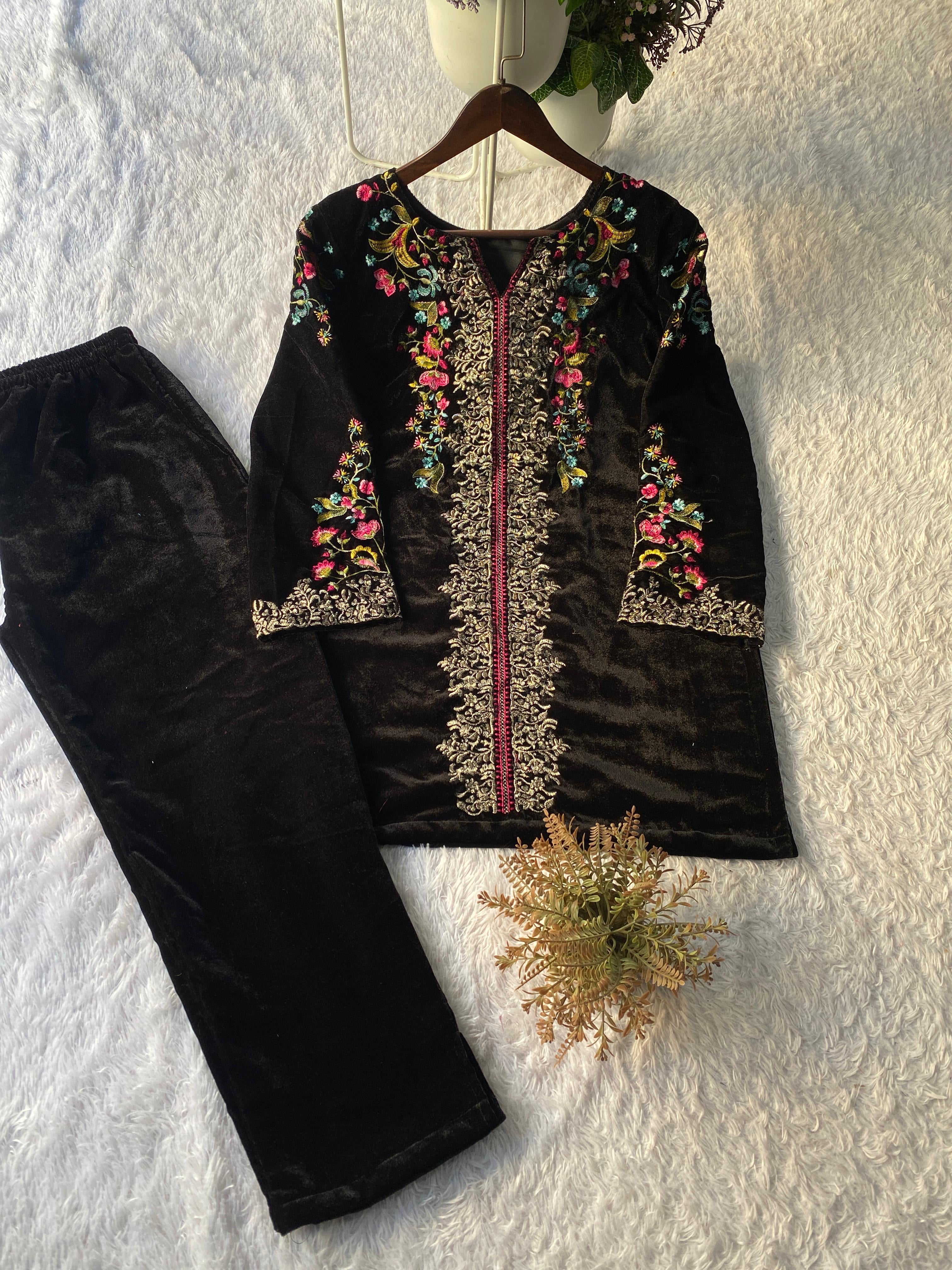 Black Velvet Designer Embroidered co-ord Set
