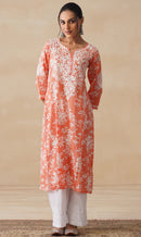 Zainab Chikankari Mulmul Printed Straight Kurta -Orange