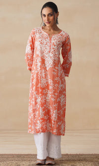 Zainab Chikankari Mulmul Printed Straight Kurta -Orange