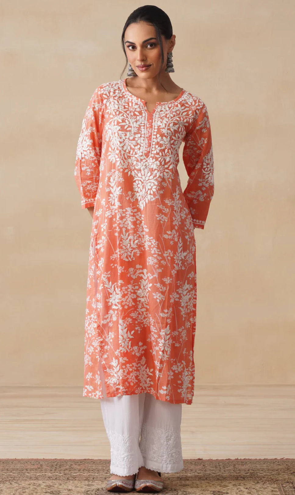 Zainab Chikankari Mulmul Printed Straight Kurta -Orange