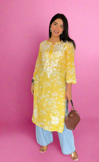 Zainab Chikankari Mulmul Printed Straight Kurta -Yellow