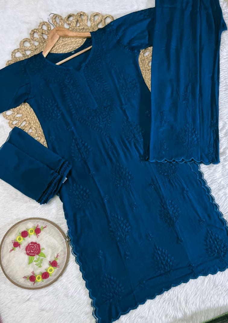 Exclusive Rayon Cutwork 3pc Set with Chiffon Dupatta