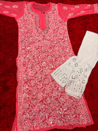Lucknowi Georgette mirror front jaal kurta with mirror cotton pant