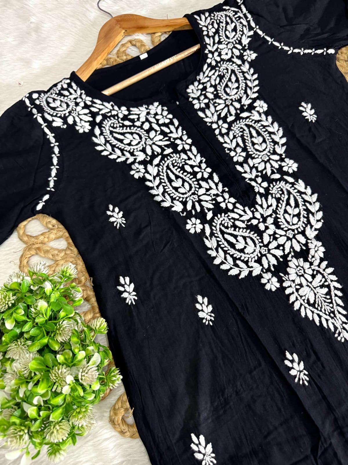 Rayon white embroidered Kurta and plazzo