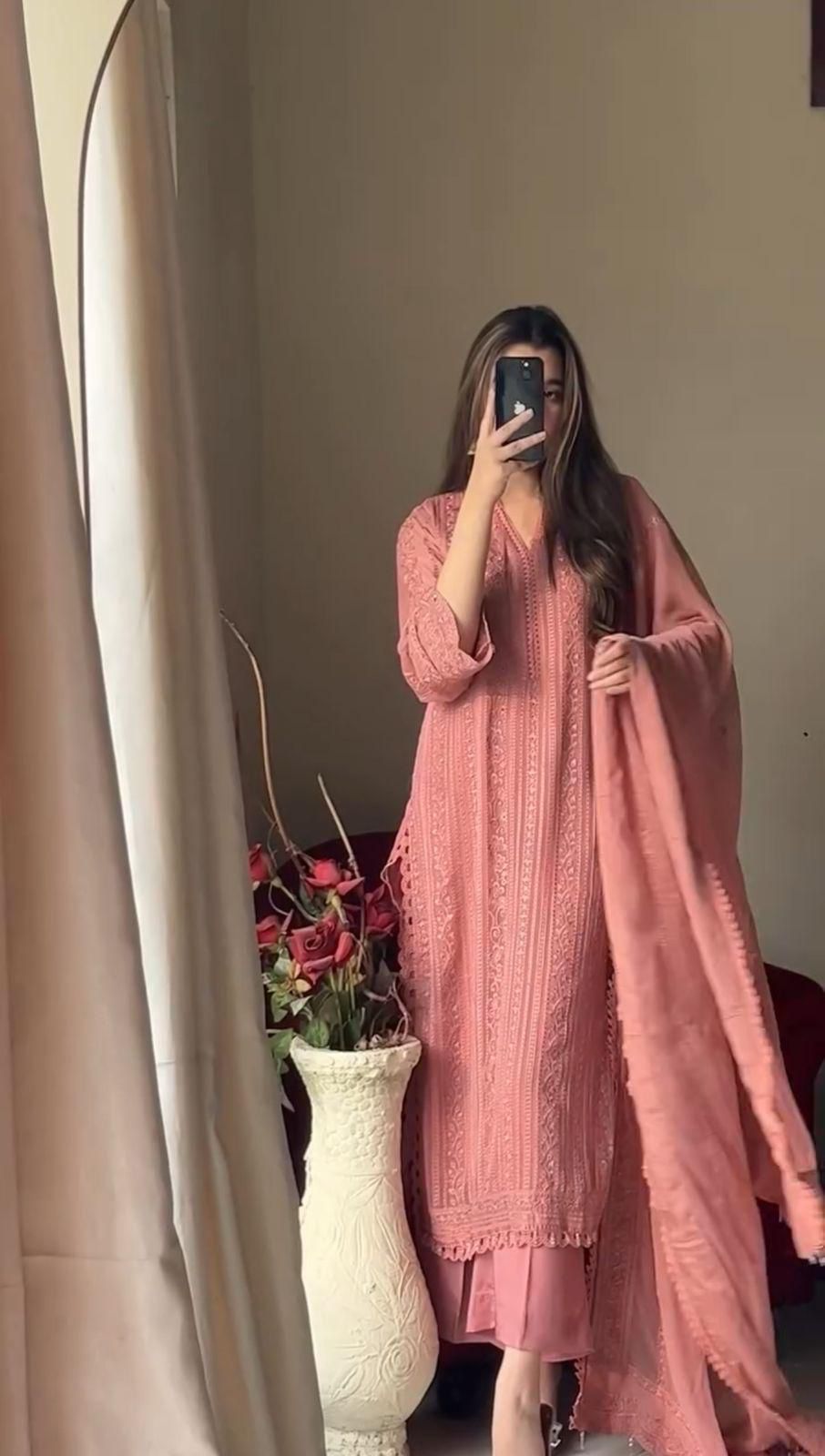 Ready to wear chinon Top Cotton Thread Embroidered Set