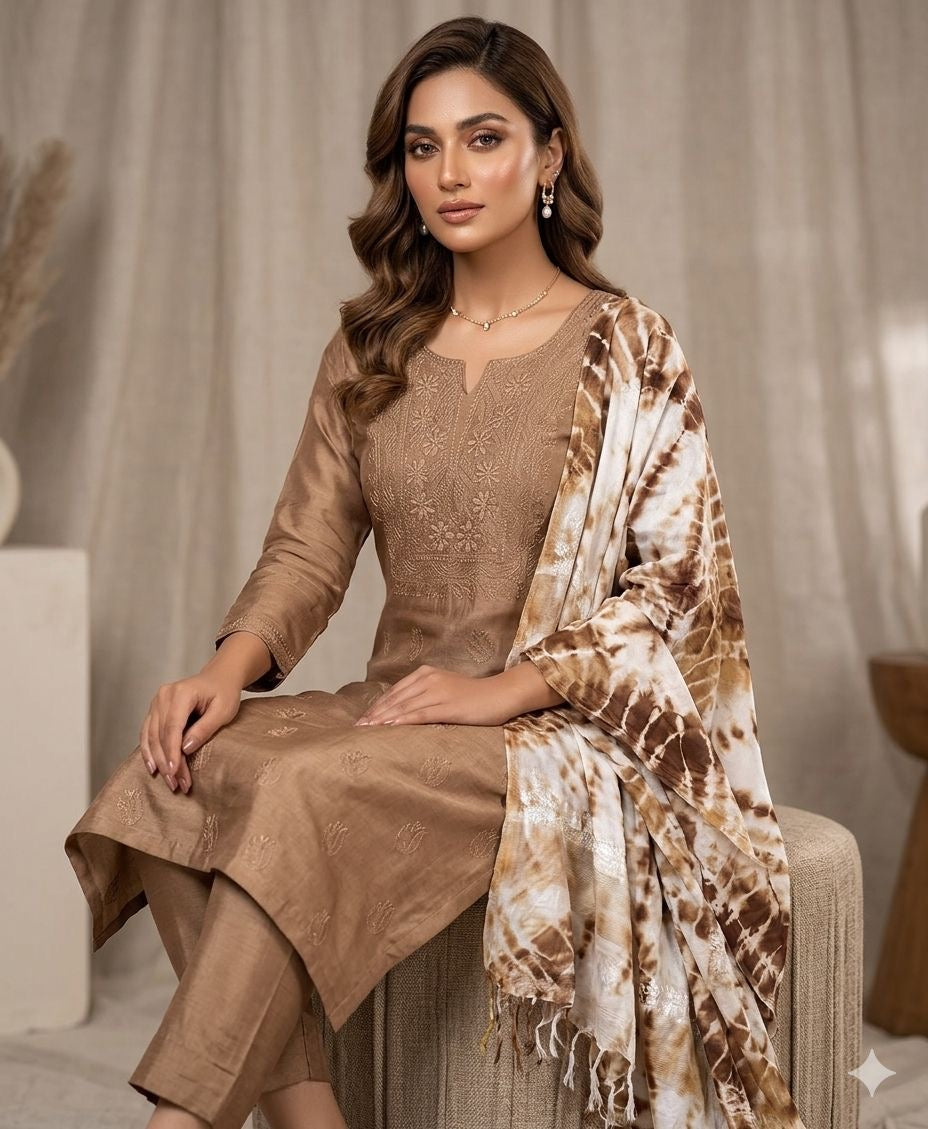 Modal Co-ord Set Rose Work & Printed