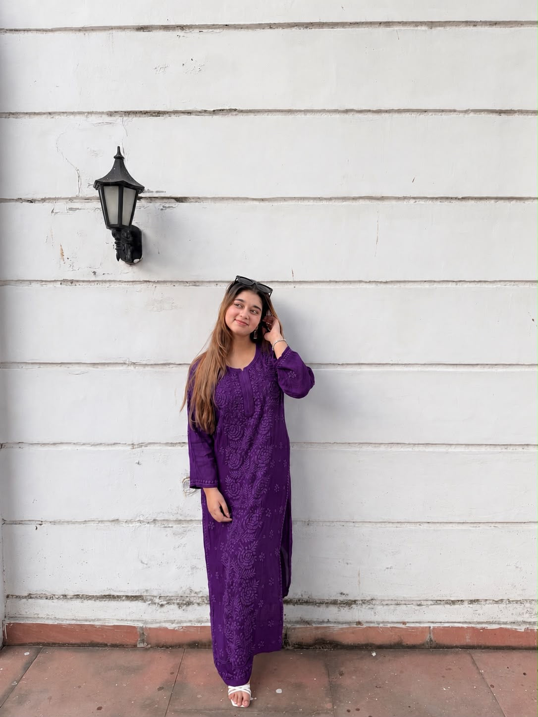 Rose Panel Viscose Chikankari Kurta with Palazzo