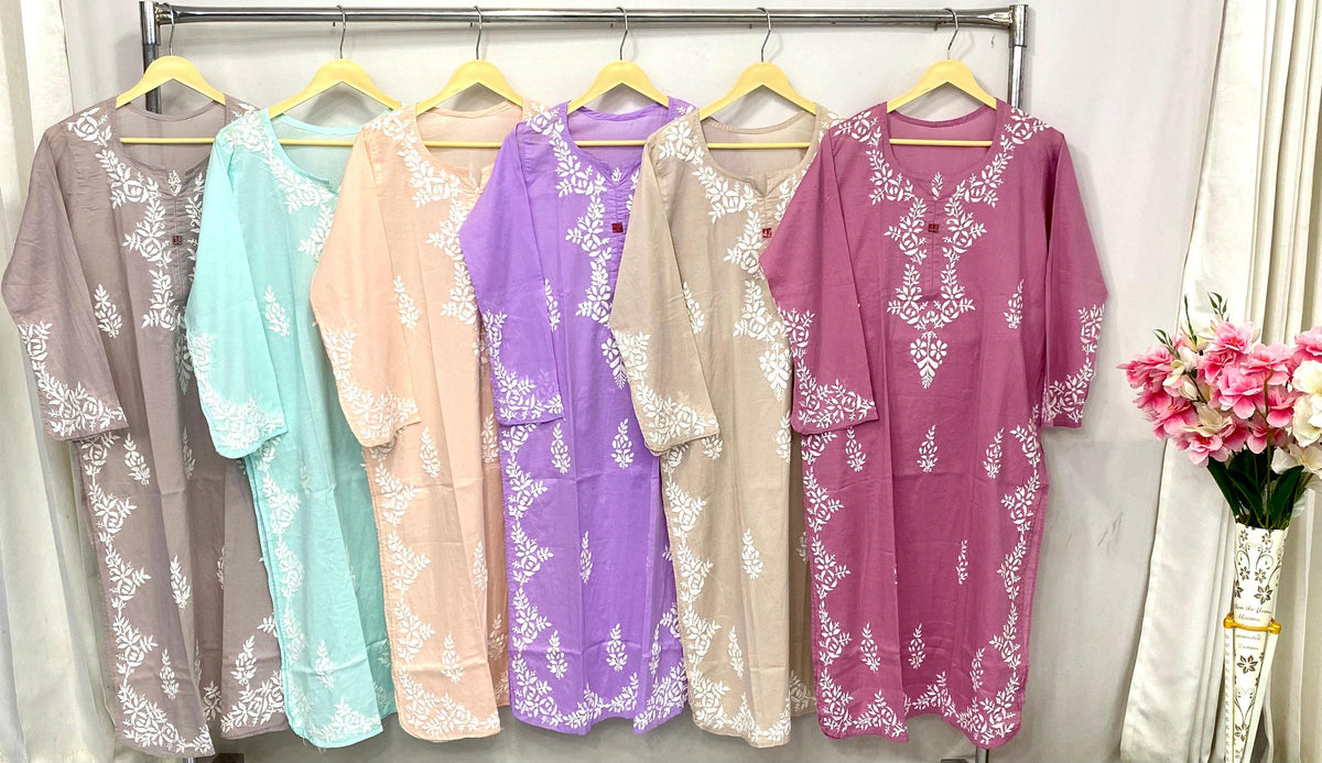Mul Cotton Long Chikankari Kurta