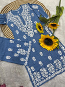 Reyon heavy work chikankari white embroidered set