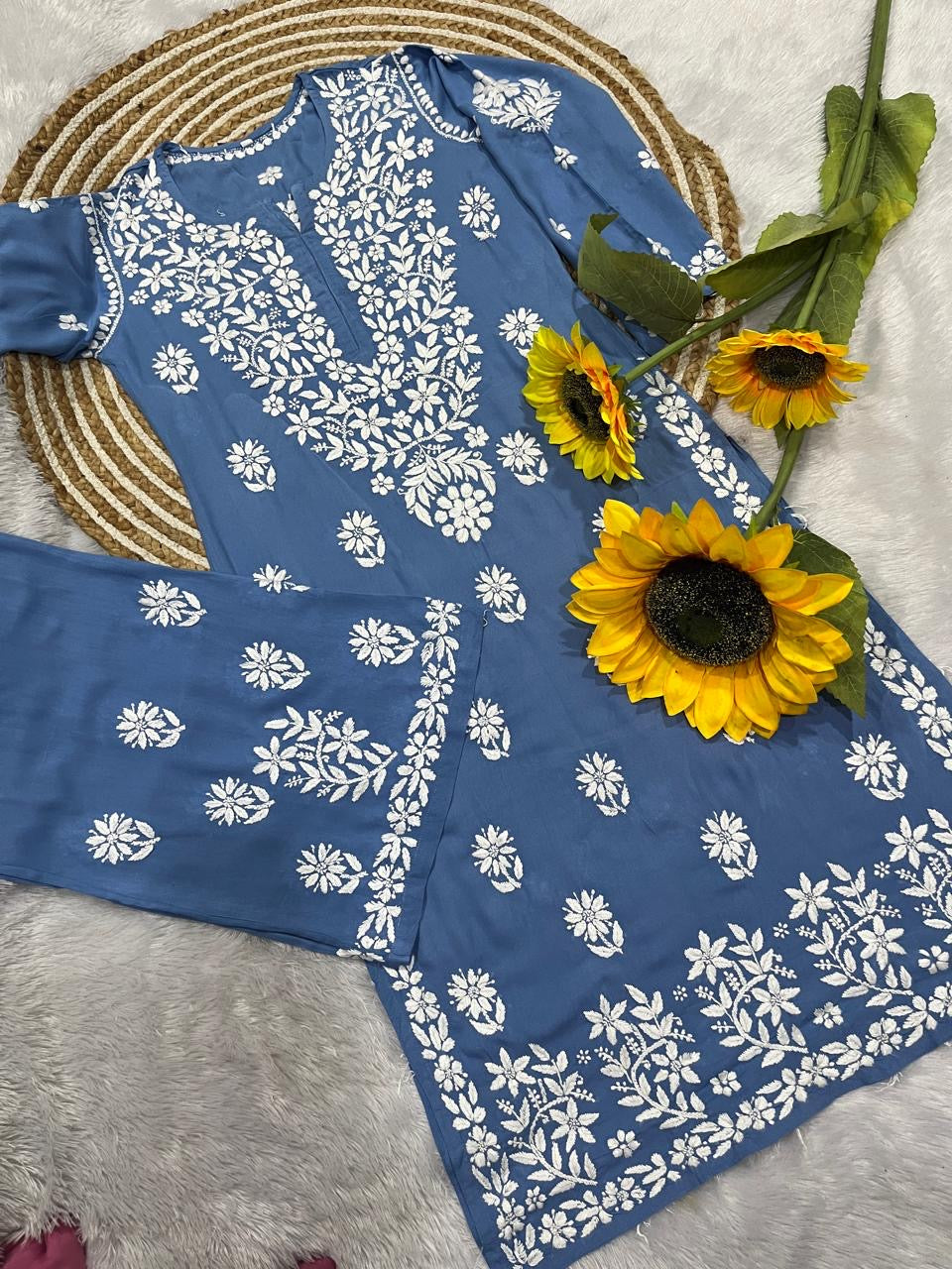 Reyon heavy work chikankari white embroidered set