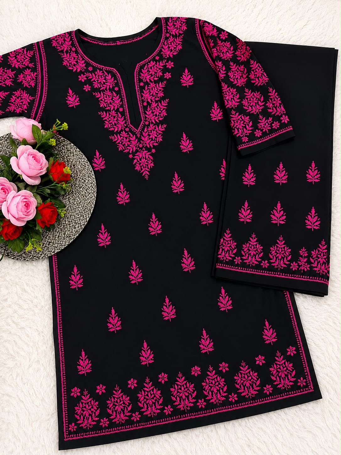 Pure Modal Cotton Flower embroidery chikankari Set