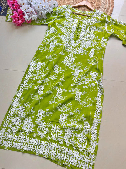 Leafy Print Latest Contras Mul Mul Chikan Kurta