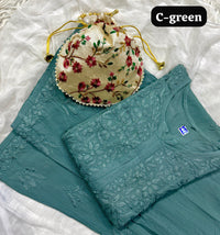 Modal lucknowi Daman rich work Kurta and plazzo with Potli Bag