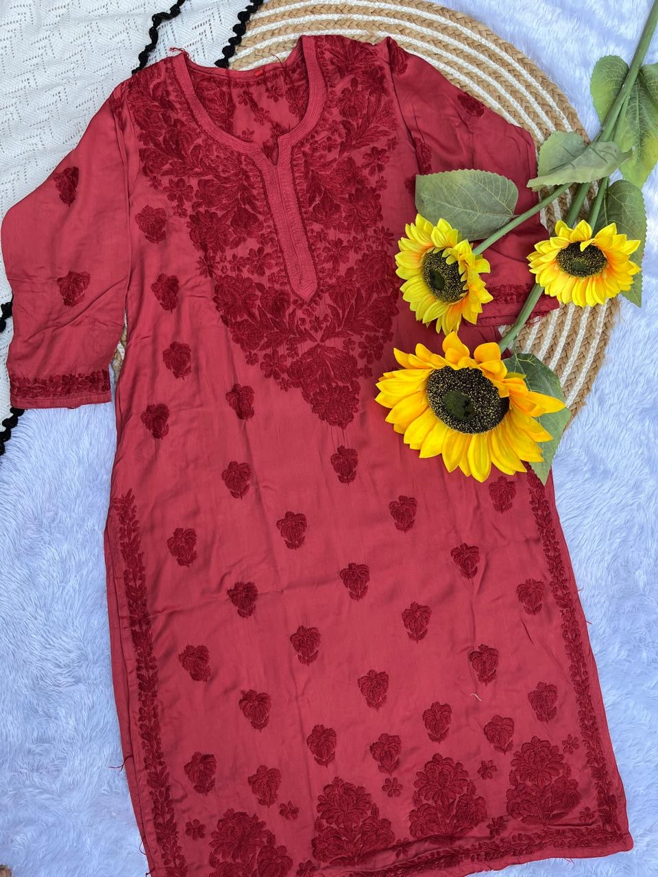 Modal Satin 3d Work Kurta with Heavy back