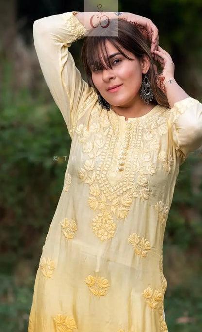 Premium Chanderi Rose Kurti - Chikankari Official