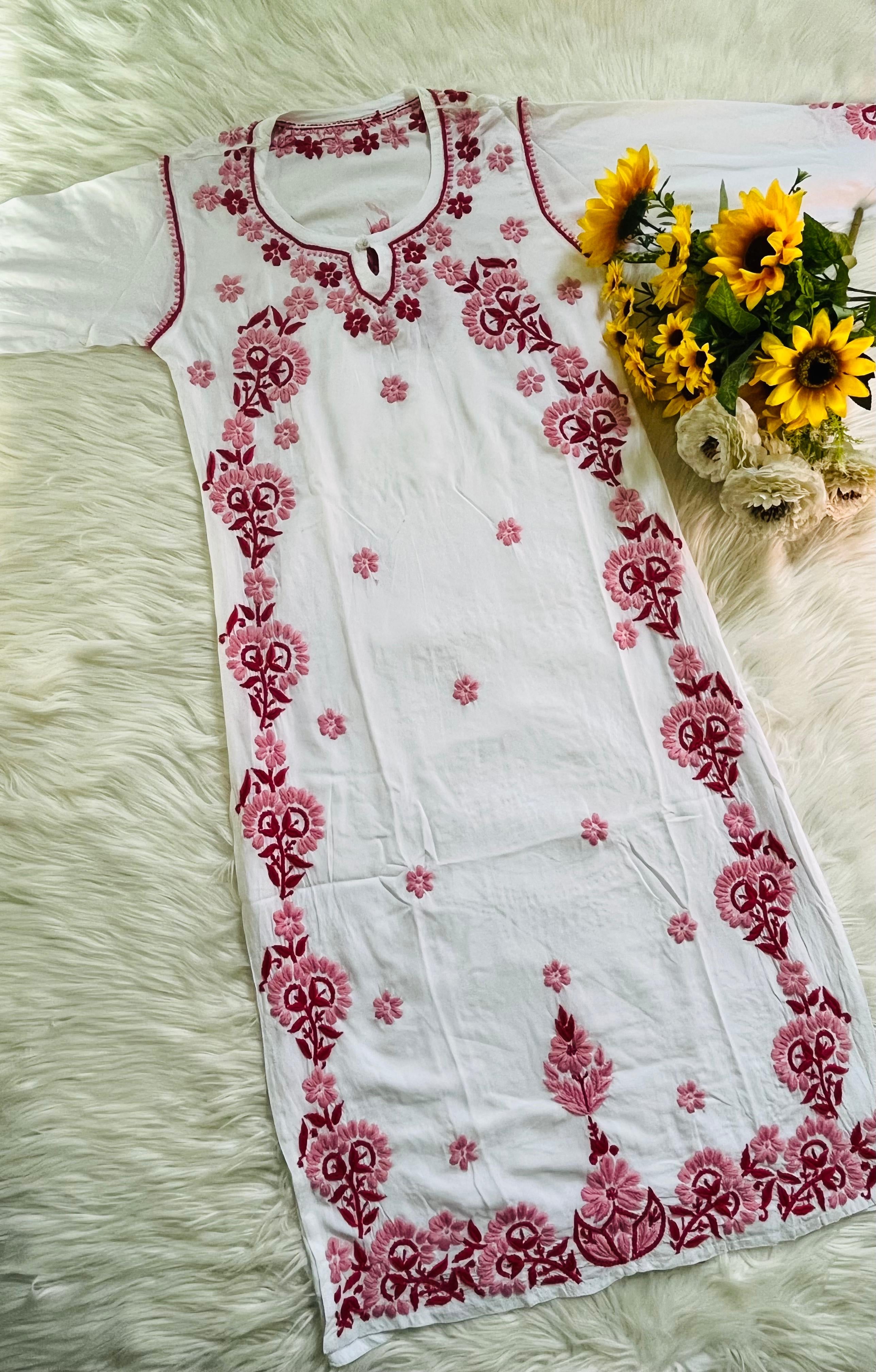 Pink Soft Thread in White chikankari